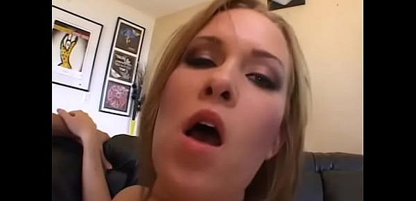  Dark blonde teen Sasha Knox couldn’t help licking her anal creampie squeezed out of her gaping buttonhole after two dudes had poked her in all fucking holes
